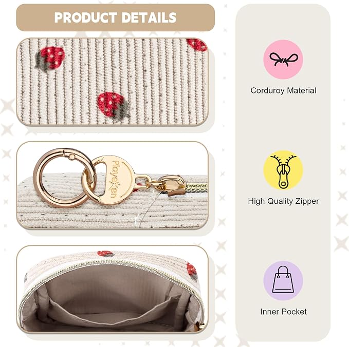 First Period Kit for Teen Girls, Bow Tie Corduroy Cute Sanitary Napkin Storage Bag, Menstrual Pad Bag Tampon Holder for Purse, First Period Gifts, Birthday/Christmas Gifts (Strawberry)