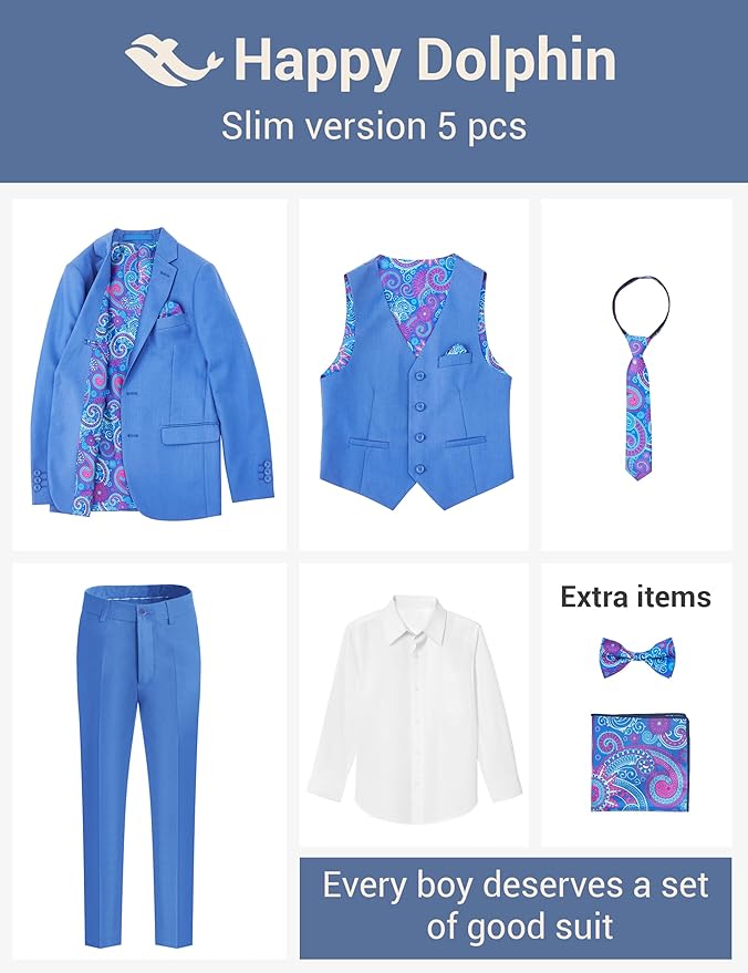 Happy Dolphin Boys Suit Set Modern Fit Kids Suits Adjustable Waist Boys Wedding Outfit for Boy Communion Suits for Boys
