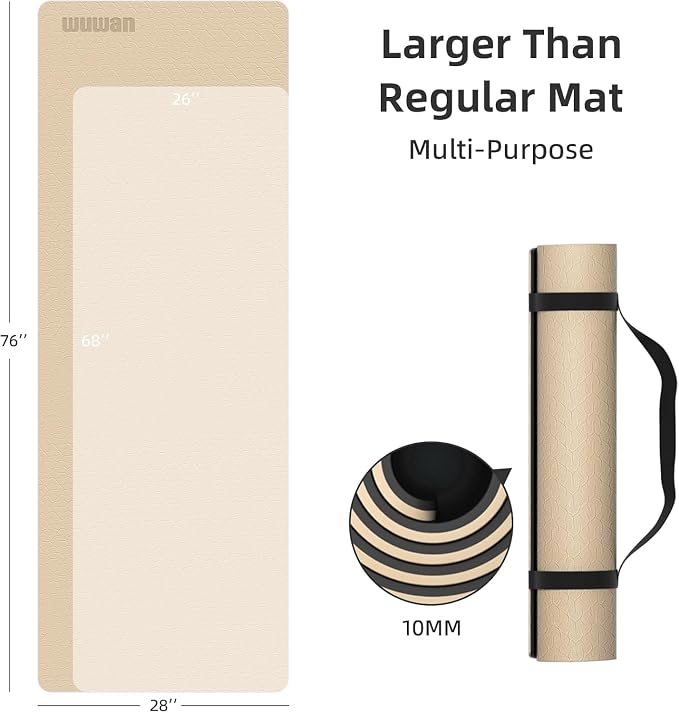 10mm0.4"TPE Yoga Mat Thick Wide Large for Home Workout Carrying Strap | Non Slip Exercise Mats Cushioned Joint-Friendly Stable,76"x28"Extra long Tapis Entrainement Au Sol Fitness,Pilates Gym Travel