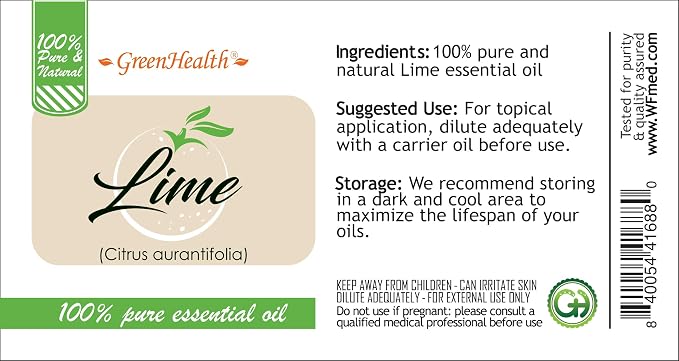 GreenHealth Lime - 4 fl oz (118 ml) Glass Bottle with Cap - 100% Pure Essential Oil