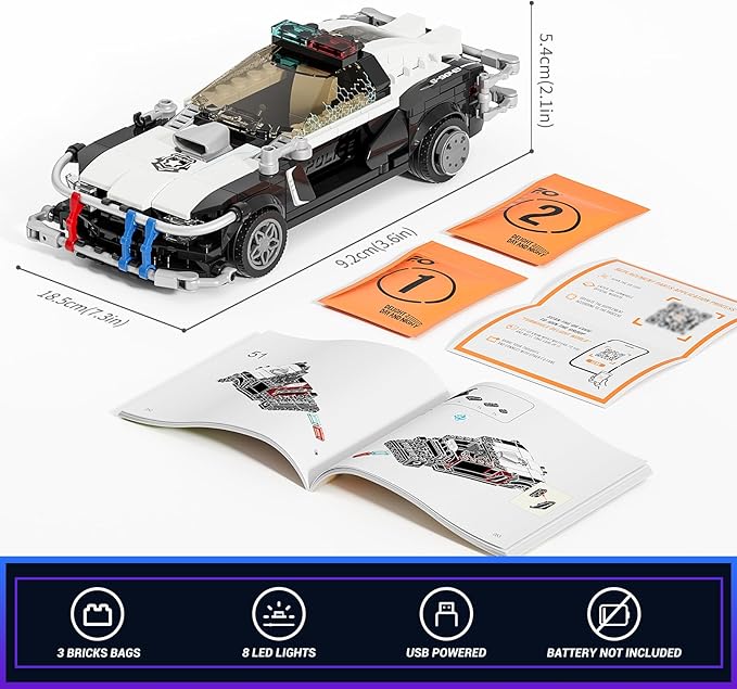 FUNWHOLE Police Patrol Car Lighting Building-Bricks Set - Cyberpunk City Car Chase Playkit with Officer 372 Pcs STEM Toys