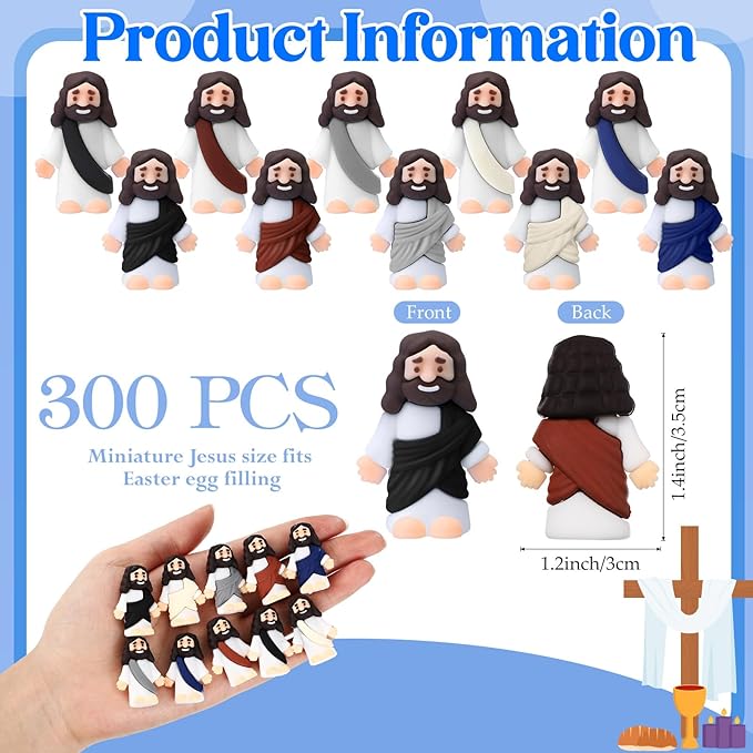 Bememo 300 Pcs Little Jesus Figures Bulk Original Design Mini Pocket Jesus Toys Rubber Figurine to Hide and Seek Religious Party Favors Sunday School Craft Baptism Gifts(Retro Color)