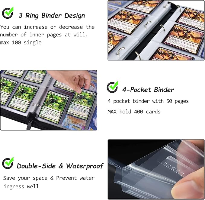 LIMSTDIC Card Binder with Sleeves - 4-Pockets Pokemon Card Binder Holder Compatible with TCG Trading Cards, Card Storage Album with Zipper for Boys Girls Organized Holds Up to 400 Cards