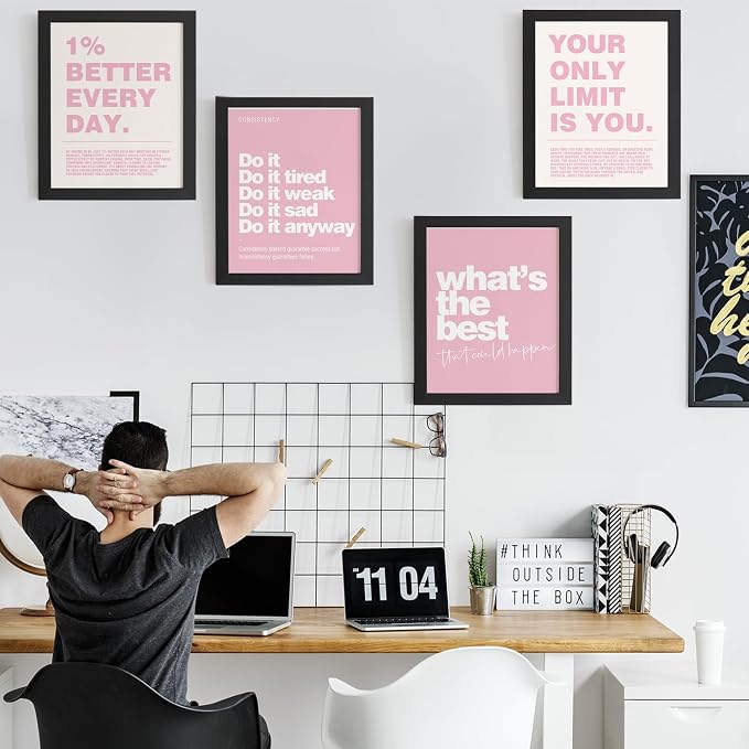 DSHFG Motivational Inspirational Office Wall Art Decor Pink Prints 4Pcs | Pink Office Motivational Wall Decor Trendy Retro Positive Affirmations Quotes Wall Decor Posters, 12x16 Unframed