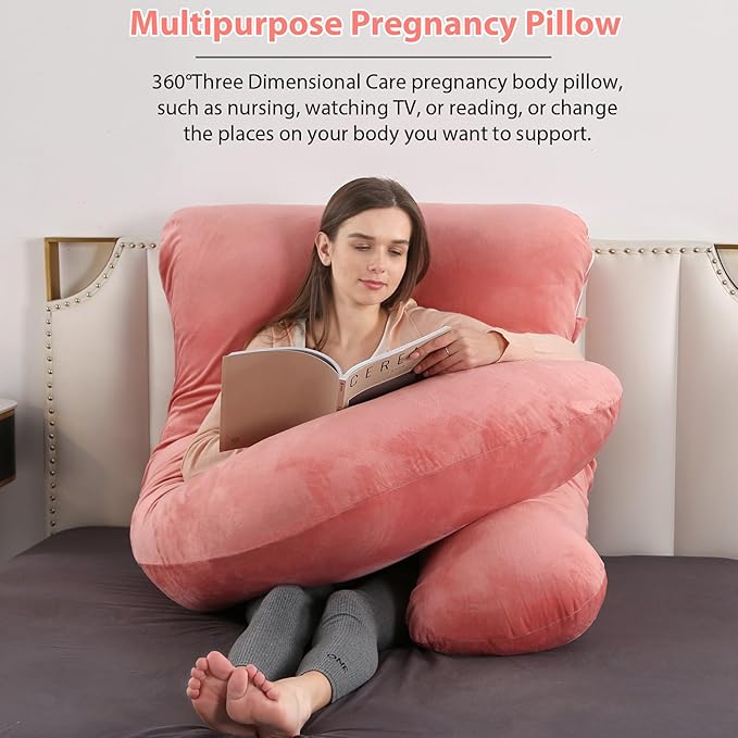 BATTOP Pregnancy Pillow,Pregnancy Pillows for Sleeping,Full Body Pillow with Removable Cover,Support for Back,Legs,Belly,Hips,57 Inch Maternity Pillow,Pregnancy Must Haves（Pink）