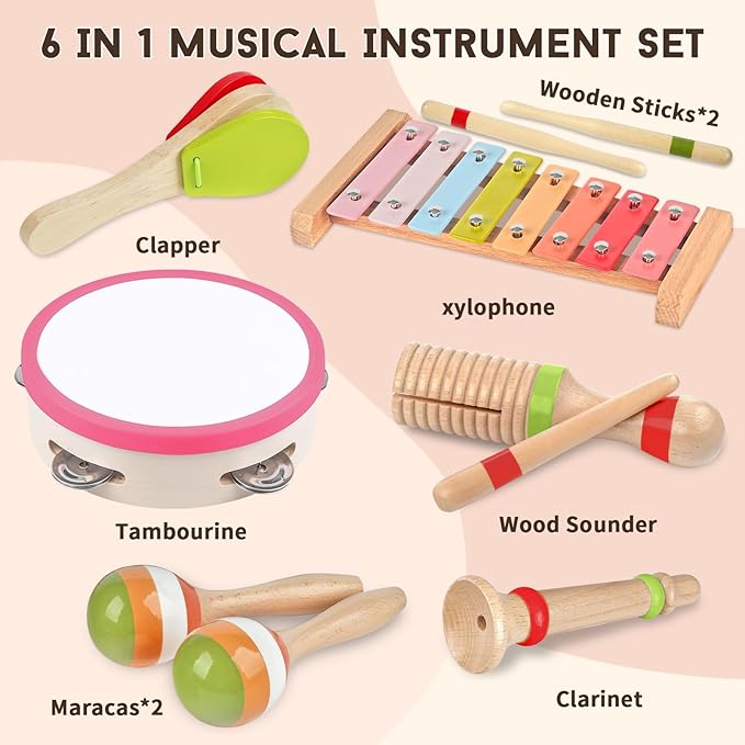 Baby Musical Instruments for Girls-Montessori Wooden Toys for Toddlers 1-3,Percussion Instruments Set with Xylophone Preschool Educational 3+ Christmas Birthday Gift for 1 2 3 Year Girls (pink 6 in 1)