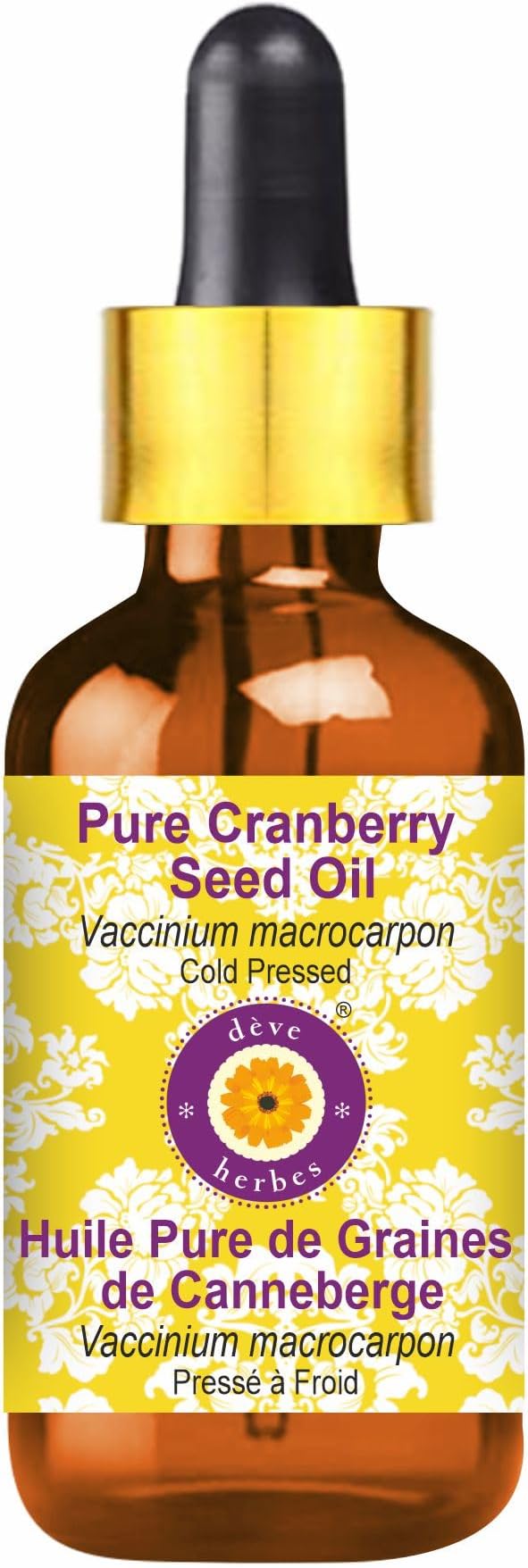 Deve Herbes Pure Cranberry Seed Oil (Vaccinium macrocarpon) with Glass Dropper Cold Pressed 100ml (3.38 oz)