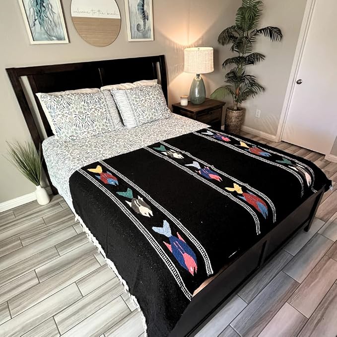 Open Road Goods Thick Mexican Yoga Blanket - Serape Fish Design - Handmade (Black)