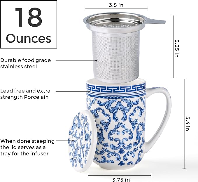 AmorArc Porcelain Tea Mug with Infuser and Lids, 18 Oz Large Cup Strainer with Bag Holder for Loose Leaf Tea, Steeping Coffee Mug for House-Warming Wedding Birthday Gift