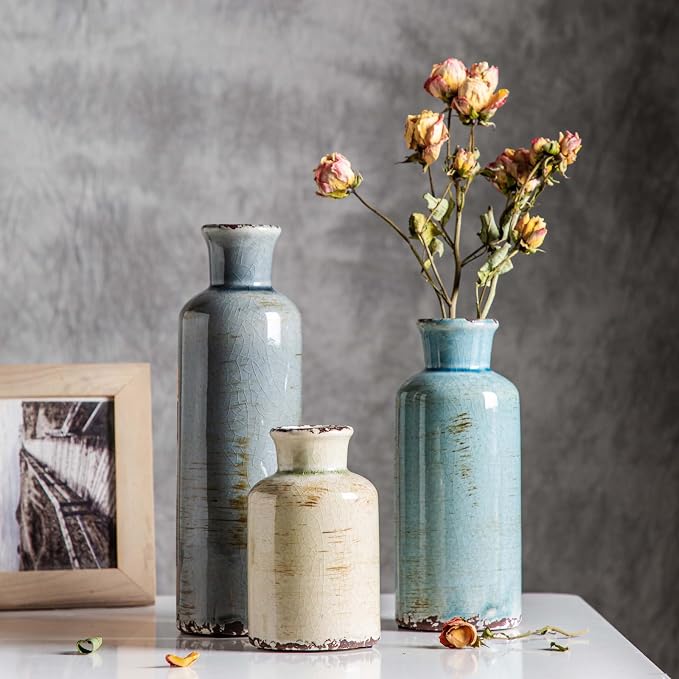 CwlwGO- Ceramic Vase Set of 3, Small Flower Vases for Home Decoration, Modern Farmhouse Decor, Living Room Kitchen Table Centerpieces, Shelf, Mantel, Fireplace and Entrance Decorations-Multicolor.