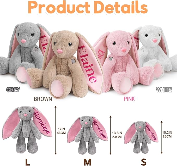 Customized Plush Bunny with Embroidered Name, Handmade Birthday Gifts for Toddlers Newborns & Kids, Personalized Stuffed Animal for Girls & Boys
