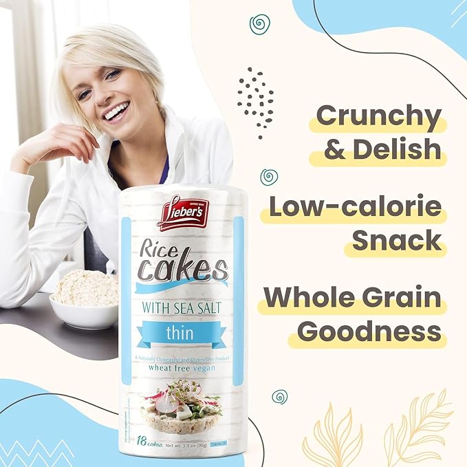 Lieber's Sea Salt Whole-Grain Brown Rice Cakes, Gluten Free, Vegan, 3-Pack | Dairy Free, Wheat Free and Kosher Certified, Crispy, Crunchy Snack with 60 Calories or Less per Cake for on-the-go Eating.