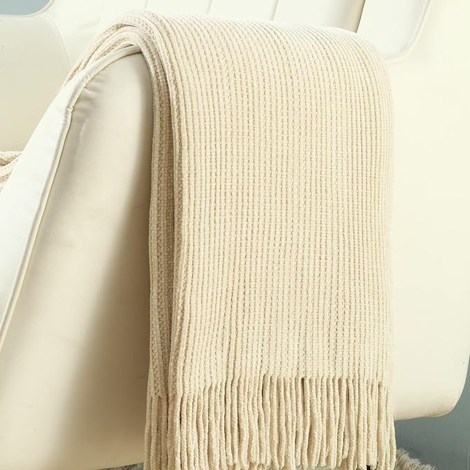 CREVENT Super Cozy Soft and Warm Chenille Throw Blanket for Sofa Couch Chair Bed, Spring Summer Fall All Season Use, Gift for Mom Girlfriend (50''X60'' Ivory)