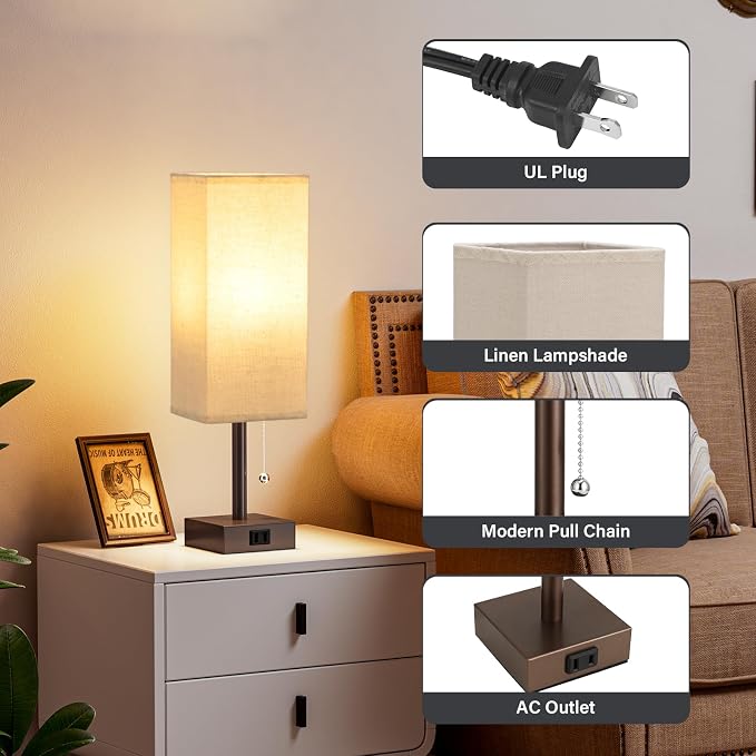 Bedside Lamps for Bedroom Set of 2 - Small Rectangular Nightstand Lamp with USB A C Charging Port, 3 Color Temperatures Desk Light with Bulb, Brown Tabletop Reading Lamp for Living Room/Dorm/Office