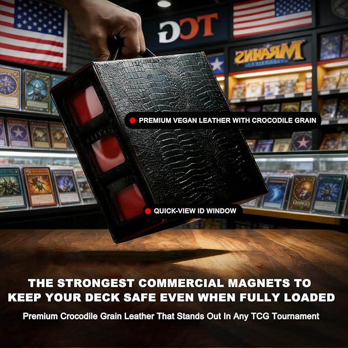 9IN1 MTG Deck Box with Handle, Fits 1000 Trading Cards or 8 Commander Decks, Premium Black Red Leather TCG Storage Case with 8 Removable Trays and 10 Dividers, Compatible with Magic, Yu-Gi-Oh!