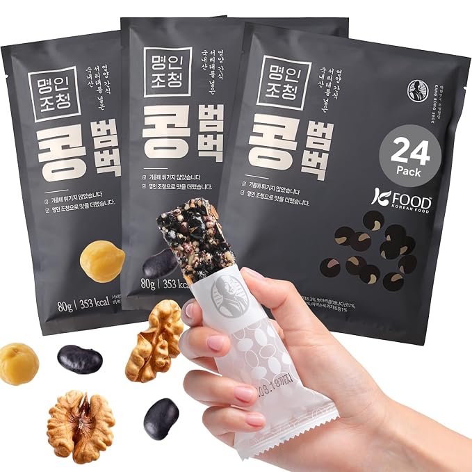 Korean Food Vegan Black Soybean Snack Bar, Grains & Nuts, 24Ct Pack Set | Roasted grains and nuts bound with bellflower, ginger, and rice syrup in convenient snack bars