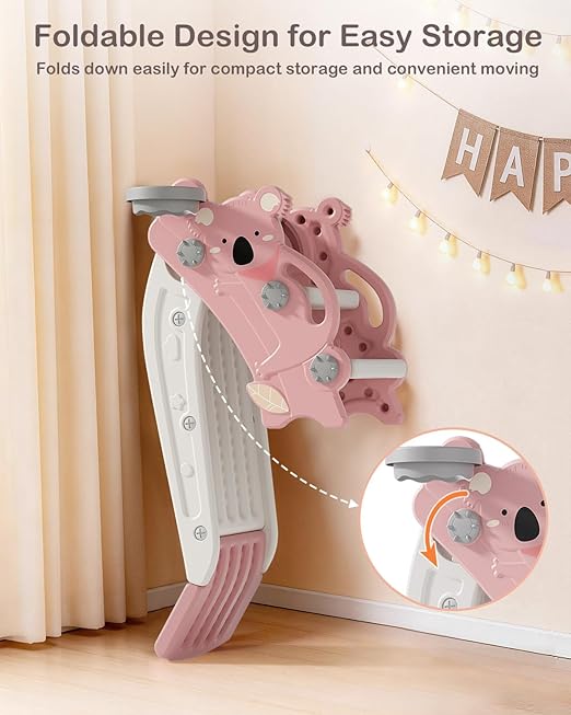 Babytronic Toddler Slide Indoor & Outdoor Playground, 4-in-1 Baby Slide with Climber, Basketball Hoop & Ring Toss, Foldable Freestanding Kids Slide, Climber Playset for Toddlers Ages 1-3, Pink