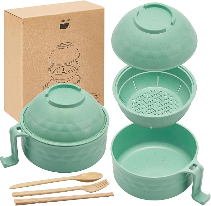 1 Set Microwave Ramen Cooker 40oz Wheat Straw Microwave Noodle Bowl Set with Chopsticks, Spoon, Fork, College Dorm Office Apartment Essentials (Light Green)