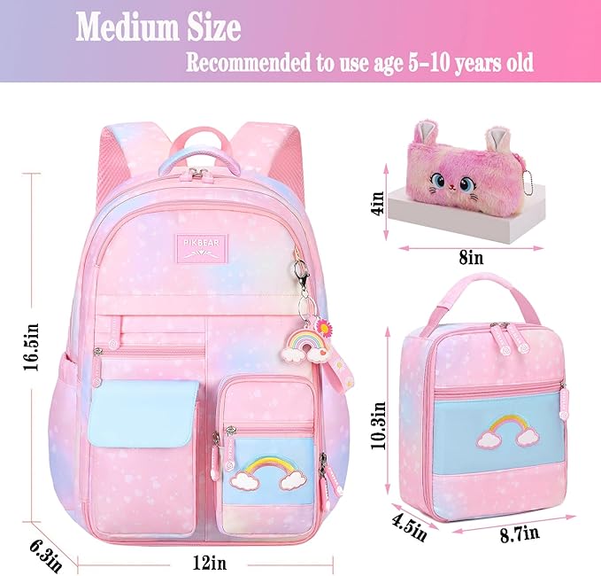 3Pcs Kids Backpack For Girls,Cute Rainbow Student School Backpack With Lunch Bag Pen Bag Set (Pink Medium 16.5in