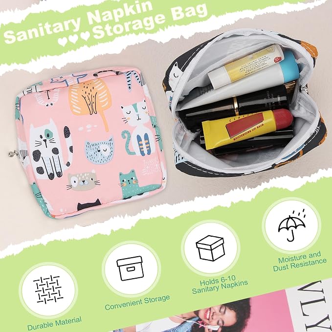 Sanitary Pad Storage Bag Portable Period Bag for Teen Pads/Sanitary Napkins/Small Tampons, Sanitary Napkin Storage Bag First Period Gifts for Teen Girls (Purple Bowknot Cat)