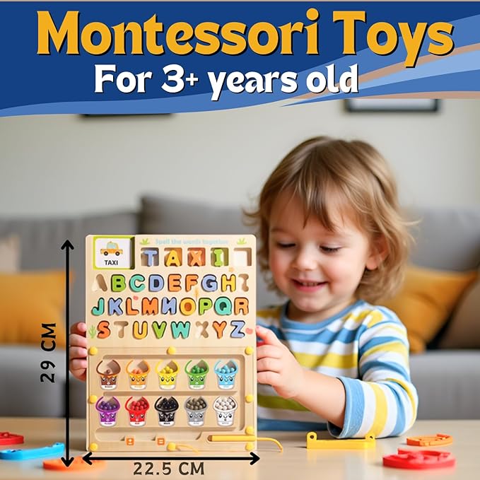 Wooden Puzzle Board for Kids Montessori Educational Toys Toddlers Preschool Learning Activities 3 4 5 6 Year Old Girls Boys Birthday Gifts Travel Toys for 3+ and Alphabet Magnetic Maze Ages 3-5