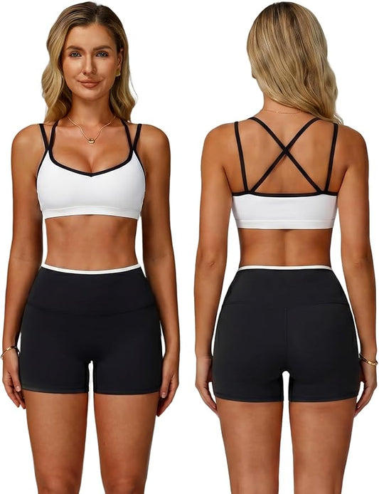 ABOCIW Workout Sets for Women 2 Piece Color Block Strappy Sports Bra High Waist Shorts Gym Yoga Pilates Outfits