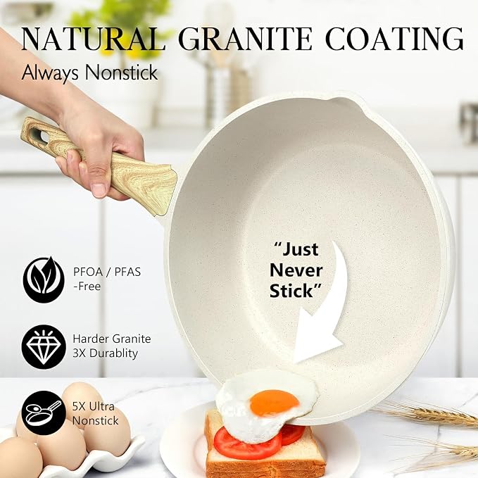 GiPP Nonstick Deep Frying Pan Skillet, 9.5" Saute Pan with Lid, Granite Induction Cookware Non Stick Cooking Pan, PFOA PFOS APEO Free, White