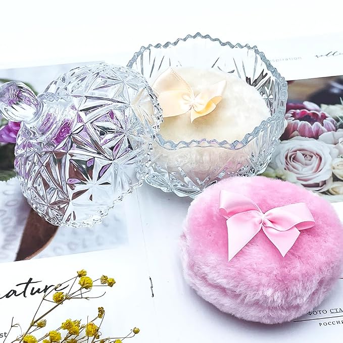 Luxury 4 Inch Glass Loose Powder Container with 2 Soft 3.5" Puffs｜Non-Sealed Refillable Organizer Storage for Body Powder Makeup & Jewelry & Setting Applicator(Crown-Clear)