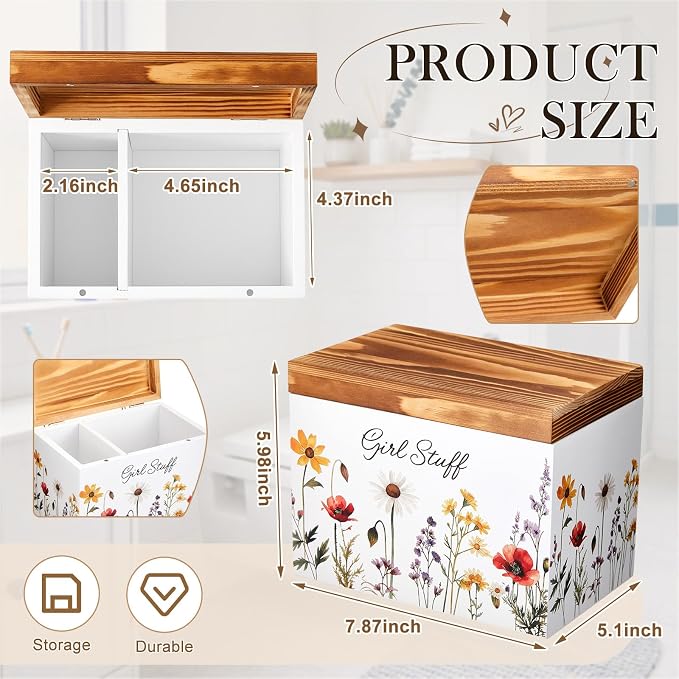 Mifoci Wildflower Tampon Holder for Bathroom, Decorative Feminine Product Organizer with Hinged Lid, Wooden Pad and Tampon Organizer Case Girl Lady Stuff Box for Bathroom Toilet Accessories