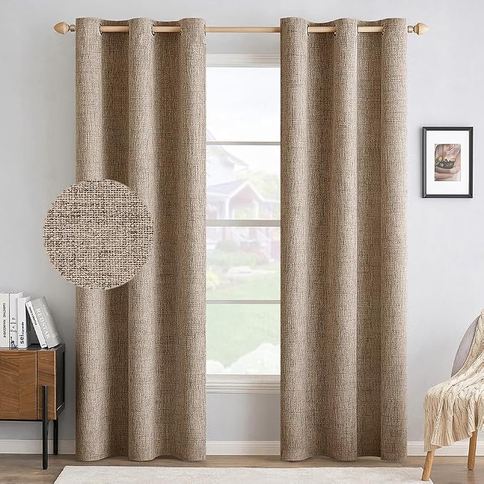 MIULEE 100% Blackout Linen Textured Curtains for Bedroom Solid Thermal Insulated Copper Brown Grommet Room Darkening Curtains & Drapes Luxury Decor for Living Room 42 x 84 Inch (2 Panels)