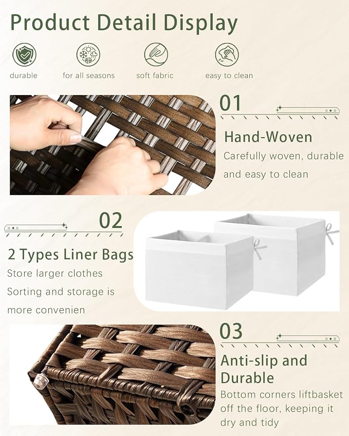SETVSON Storage Basket with Lid PE Rattan Storage Basket 105L, Brown | 27.8 Gal Storage Bin with 2 Separate Lids, 2 Removable Liners for Clothes & Blankets, Sturdy Metal Frame, PE Rattan