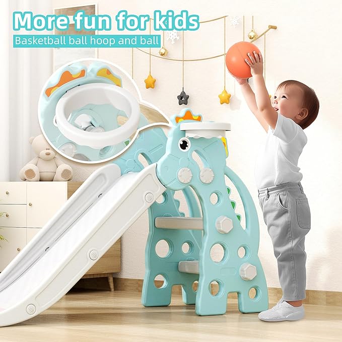 GLAF Toddler Slide Baby Kids Indoor Slide for Toddlers 1-3 Indoor Outdoor Playset with Basketball Hoop and Ball Kids Backyard Climber Set (Mint)