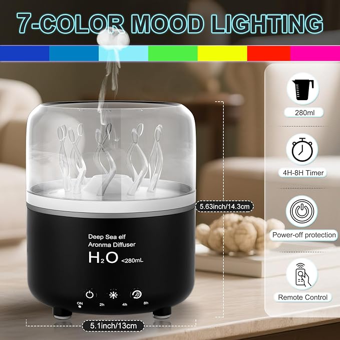 Morbou Essential Oil Diffuser with Jellyfish Spray & Sea Anemone Rotation, 280ml Ultrasonic Aromatherapy Machine,7-Color LED Night Light Quiet Mist for Bedroom, Remote Control (Black)