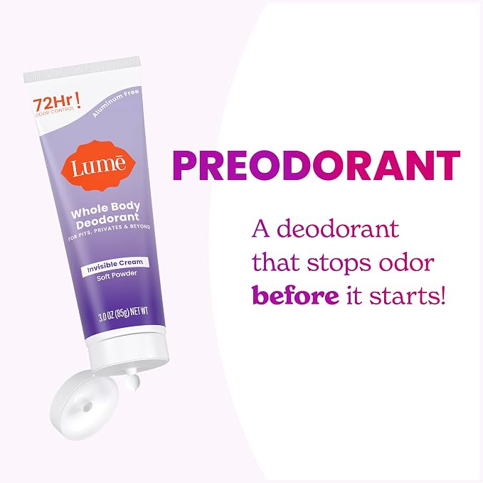 Lume Whole Body Deodorant - Invisible Cream Tube - 72 Hour Odor Control - Aluminum Free, Baking Soda Free, Skin Safe - 3.0 ounce (Soft Powder)