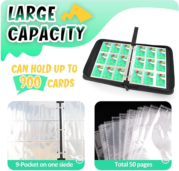 Card Binder 9-Pockets, 900 Pockets Card Holder with 50 Removable Sleeves, Trading Card Collector Zipper Album Holder, Green