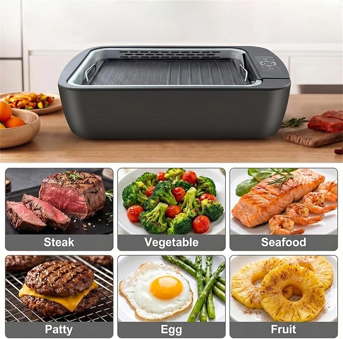 Indoor Smokeless Grill & Griddle 1100W Electric Gill Korean BBQ Smoke Control with Fan Temperature Control Non-Stick Plate with Drain Holes Easy to Clear for Apt Dorm Portable Tabletop 5-Serving