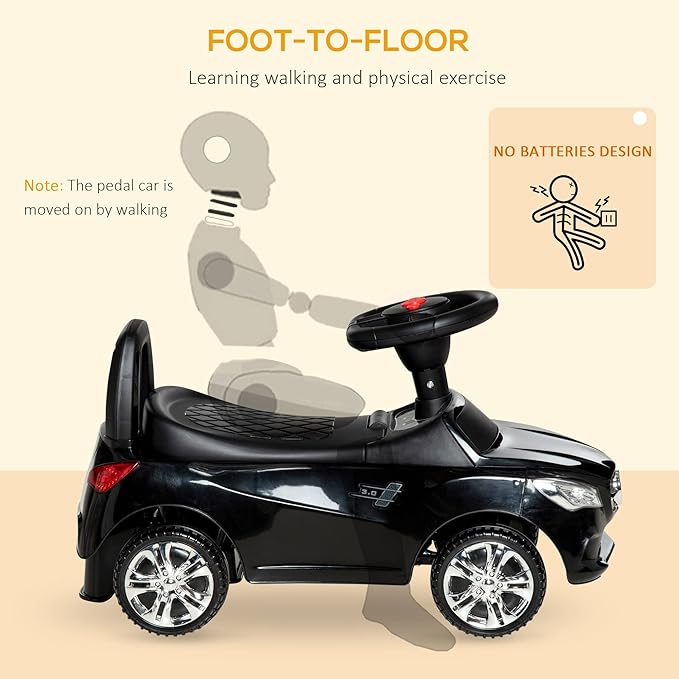 Aosom Kids Ride On Push Car, Foot-to-Floor Walking Sliding Toy Car for Toddler with Working Horn, Music, Headlights and Storage, Black