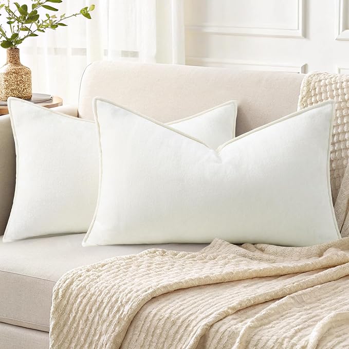 decorUhome Chenille Cream White Velvet Throw Pillow Covers 12x20 Set of 2 | Fall Soft Lumbar Couch Decorative Modern Farmhouse Pillow Cases with Elegant Design for Sofa Bed Living Room Home Decor
