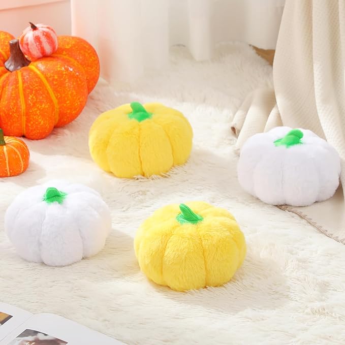 4 Pcs Pumpkin Pillows Fall Halloween Pumpkin Stuffed Animals Rabbit Hair Plush Toys Fluffy Thanksgiving Decor Throw Pillows Gifts for Kids for Home Bedroom Sofa Couch(White,Yellow)