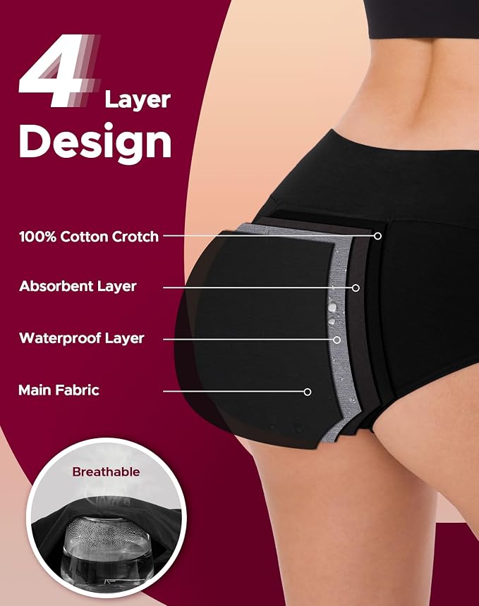 INNERSY Period Underwear for Women High Waisted Leak-Proof Postpartum Menstrual Panties 3-Pack