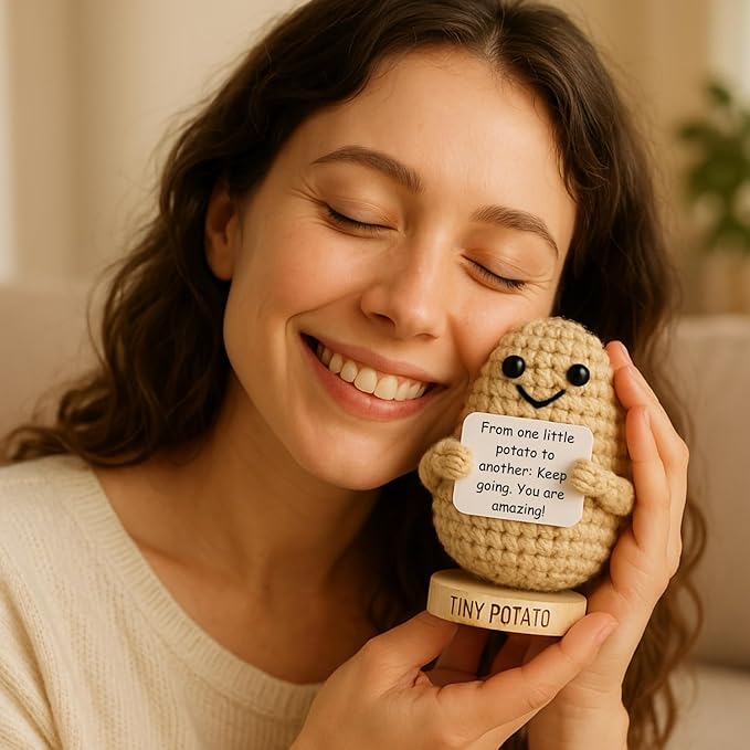 Tiny Potato - Handmade Positive Crochet Doll with 30 Uplifting Cards - Friendship Gifts for Women for Birthday, New Job, Cheer Up Emotional Support - Gift for Best Friend, Bestie, Coworkers, BFF