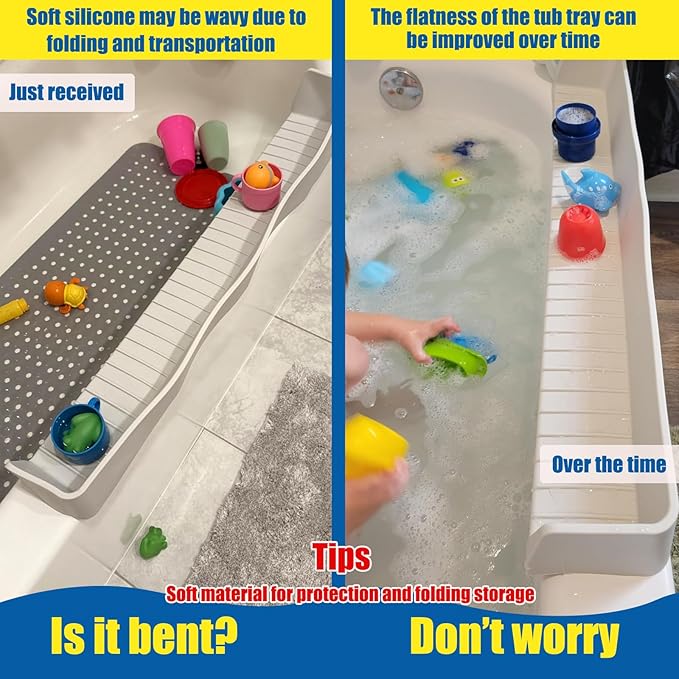 2Pack Bathtub Splash Guard for Kids Adultt - 31IN Silicone Bath Tray for Tub with 11 Suction Cups, Bath Tub Play Shelf for Kids & Toy Holder, Bathtub Accessories Prevent Water Spill in Bathroom, Gray