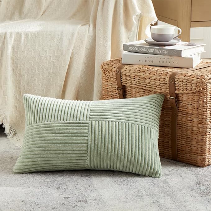 Fancy Homi 2 Packs Sage Green Long Lumbar Decorative Throw Pillow Covers 12x24 Inch for Couch Bed Sofa, Rustic Farmhouse Boho Home Decor, Soft Striped Corduroy Rectangle Accent Cushion Case 30x60 cm