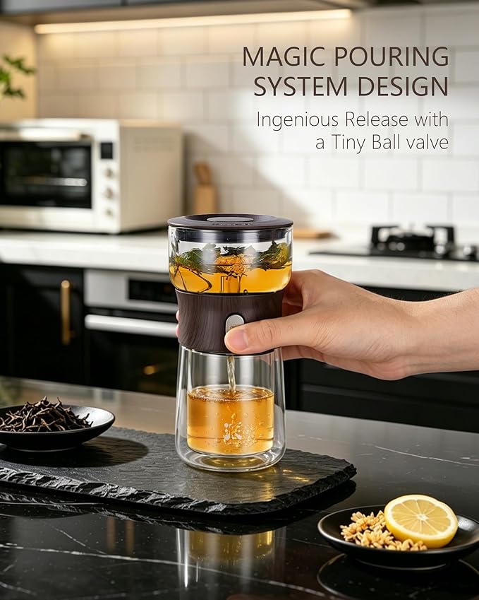 ZENS Modern Glass Tea Infuser Teapot, Smart One Touch Tea Maker for Loose Tea Diffusers with Insulated Mug and Cute Portable Walnuts Tea Kits for Tea Lover Gifts