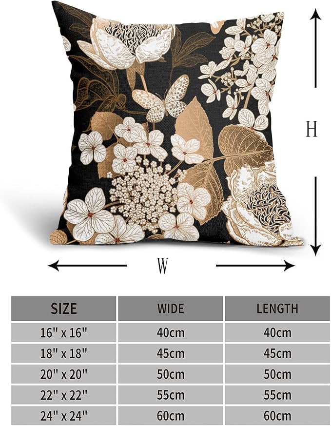 Vintage Floral Pillow Covers 24X24 Inch Set of 2 White Flowers Gold Leaves Botanical Decorative Pillow Cases Rustic Leaf Black Cotton Linen Cushion Case Farmhouse Home Decor for Sofa Couch