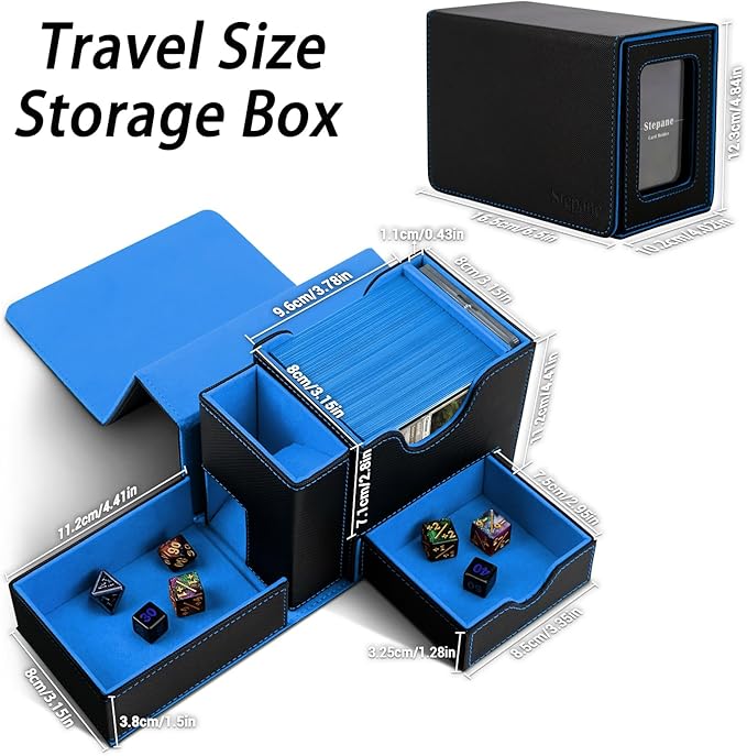 MTG Deck Box for Commander Display with Dice Tower, Fits 100 Double Sleeved Cards for TCG/PTCG, Cards Storage Case with Dice Tray and 35PT Magnetic Card Holder (Black/Blue)