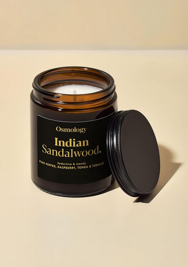 Osmology Indian Sandalwood Aromatherapy Candle – Sandalwood, Raspberry & Tobacco Scented Candle, Plant-Based Wax in Amber Apothecary Jar, 7 oz, 50 Hour Burn Time, Warm & Woody Candle