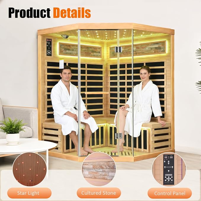 Infrared Sauna for Home 4 Person Indoor Sauna Hemlock Wood Corner Saunas 240V 2595W with Red Light, Oxygen Bar, Bluetooth Speakers