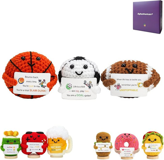 3-PCS | Sports Mania Crochet Set | Basketball Football Rugby Positive Plush | Handmade Emotional Stuffed Toys with Wooden Stand & Inspirational Cards | Mental Health Decor Gift for Fan Teens Adults