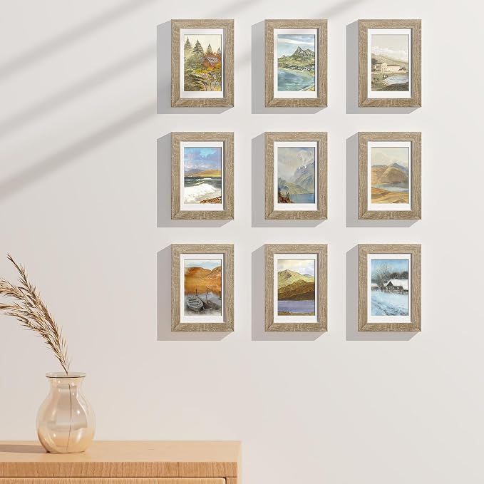 Vittanly 4x6 Picture Frames Set of 9 for Wall Mount & Tabletop, Light Wood | Display Pictures 3.5x5 with Mat or 4x6 without Mat, Small Photo Frames, Engineered Wood with Shatter Resistant Plexiglass